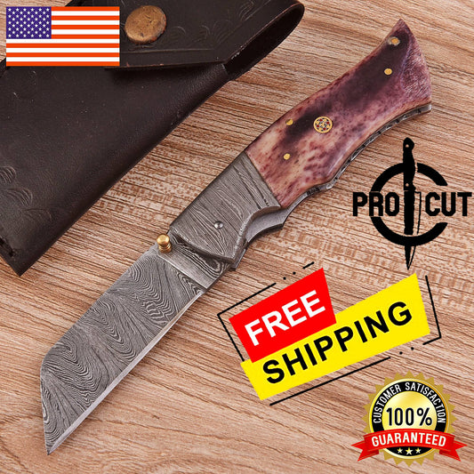 Pro Cut Hand Forged Folding EDC Pocket Knife with Dyed Camel Bone Handle