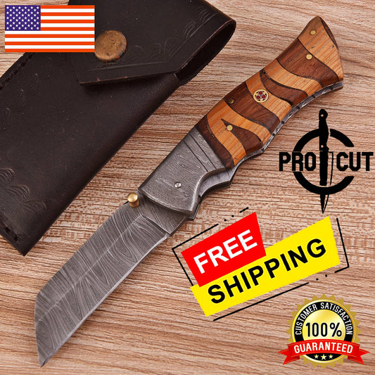Pro Cut Handmade Tanto Blade EDC Pocket Knife with Mosaic Wood Handle