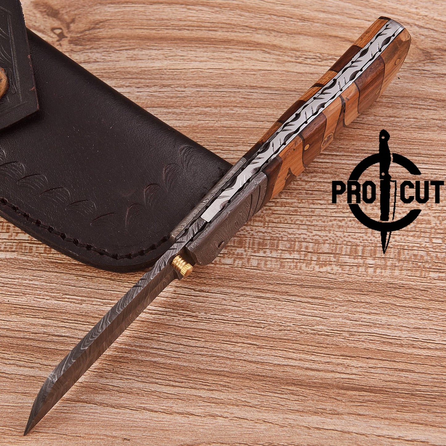 Pro Cut Handmade Tanto Blade EDC Pocket Knife with Mosaic Wood Handle
