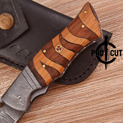 Pro Cut Handmade Tanto Blade EDC Pocket Knife with Mosaic Wood Handle