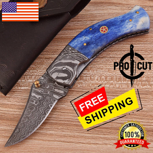 Pro Cut Hand Forged Damascus Steel Folding Pocket Knife with Camel Bone Handle