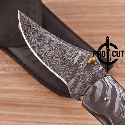 Pro Cut Hand Forged Damascus Steel Folding Pocket Knife with Camel Bone Handle