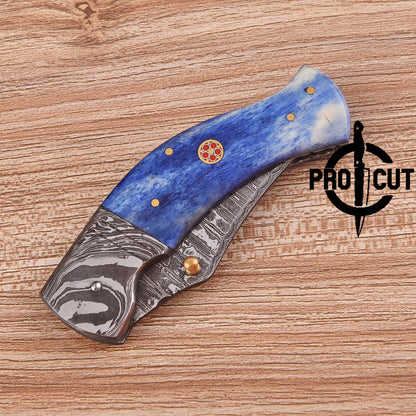 Pro Cut Hand Forged Damascus Steel Folding Pocket Knife with Camel Bone Handle