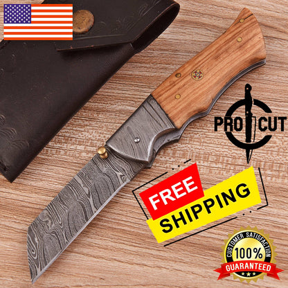 Pro Cut Tanto Blade Hand Forged Foldable Pocket EDC Knife with Olive Burl Handle