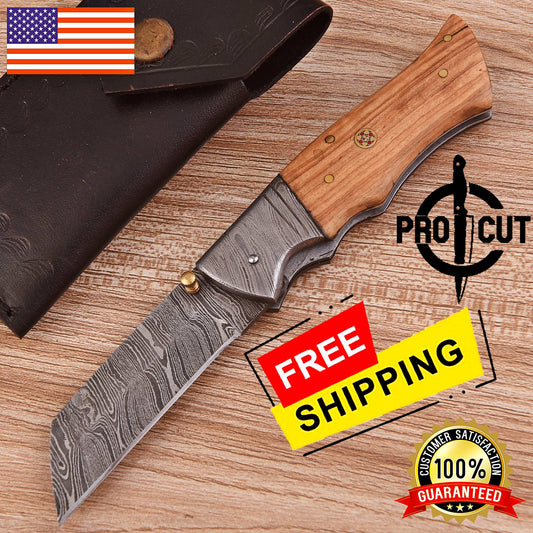 Pro Cut Tanto Blade Hand Forged Foldable Pocket EDC Knife with Olive Burl Handle