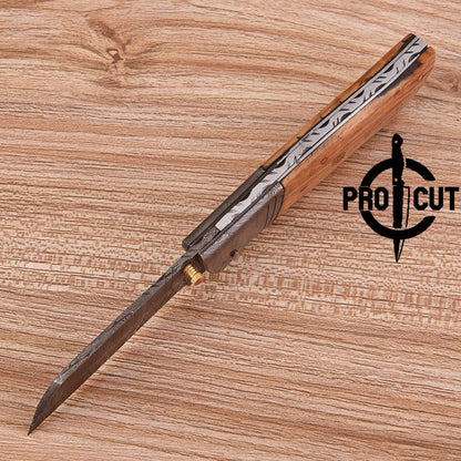 Pro Cut Tanto Blade Hand Forged Foldable Pocket EDC Knife with Olive Burl Handle