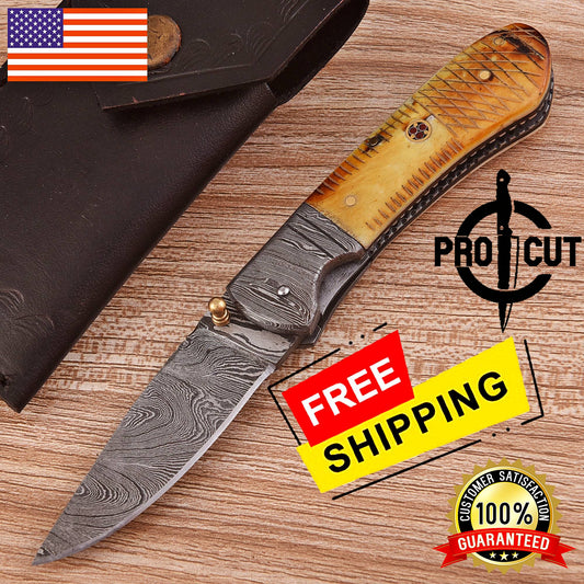 Pro Cut Every Day Carry Drop Point Damascus Steel Folding Knife with Camel Bone Handle