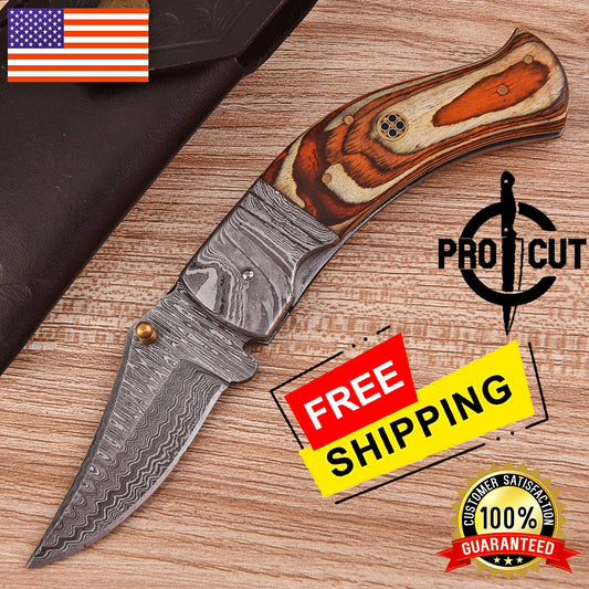 Pro Cut Hand Forged Damascus Steel Personalized Folding Knife with Stabilized Wood Handle