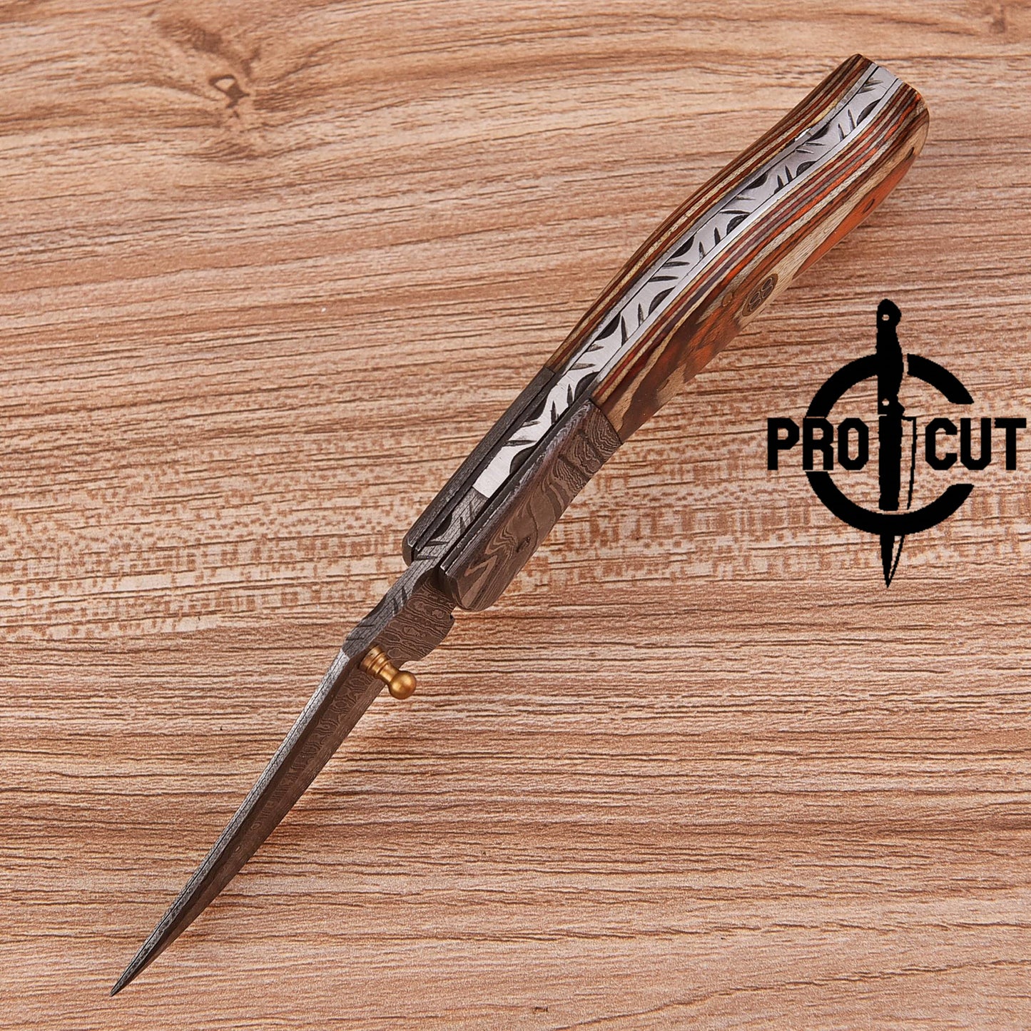 Pro Cut Hand Forged Damascus Steel Personalized Folding Knife with Stabilized Wood Handle