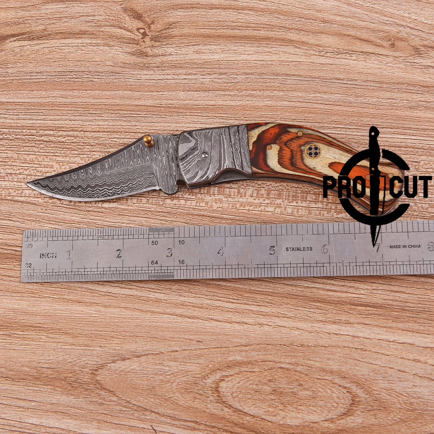 Pro Cut Hand Forged Damascus Steel Personalized Folding Knife with Stabilized Wood Handle