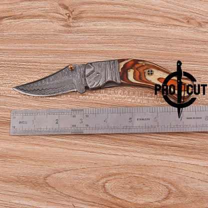 Pro Cut Hand Forged Damascus Steel Personalized Folding Knife with Stabilized Wood Handle