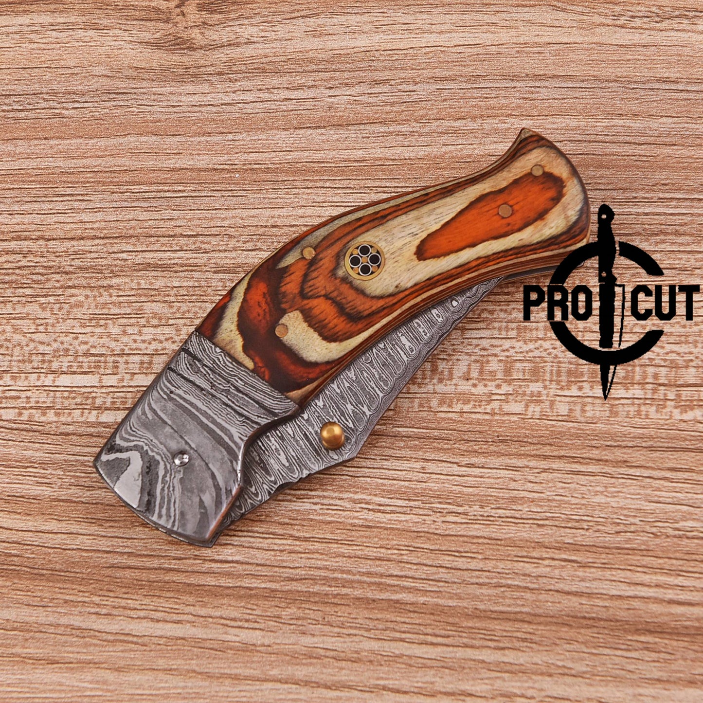Pro Cut Hand Forged Damascus Steel Personalized Folding Knife with Stabilized Wood Handle