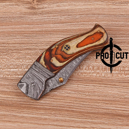 Pro Cut Hand Forged Damascus Steel Personalized Folding Knife with Stabilized Wood Handle