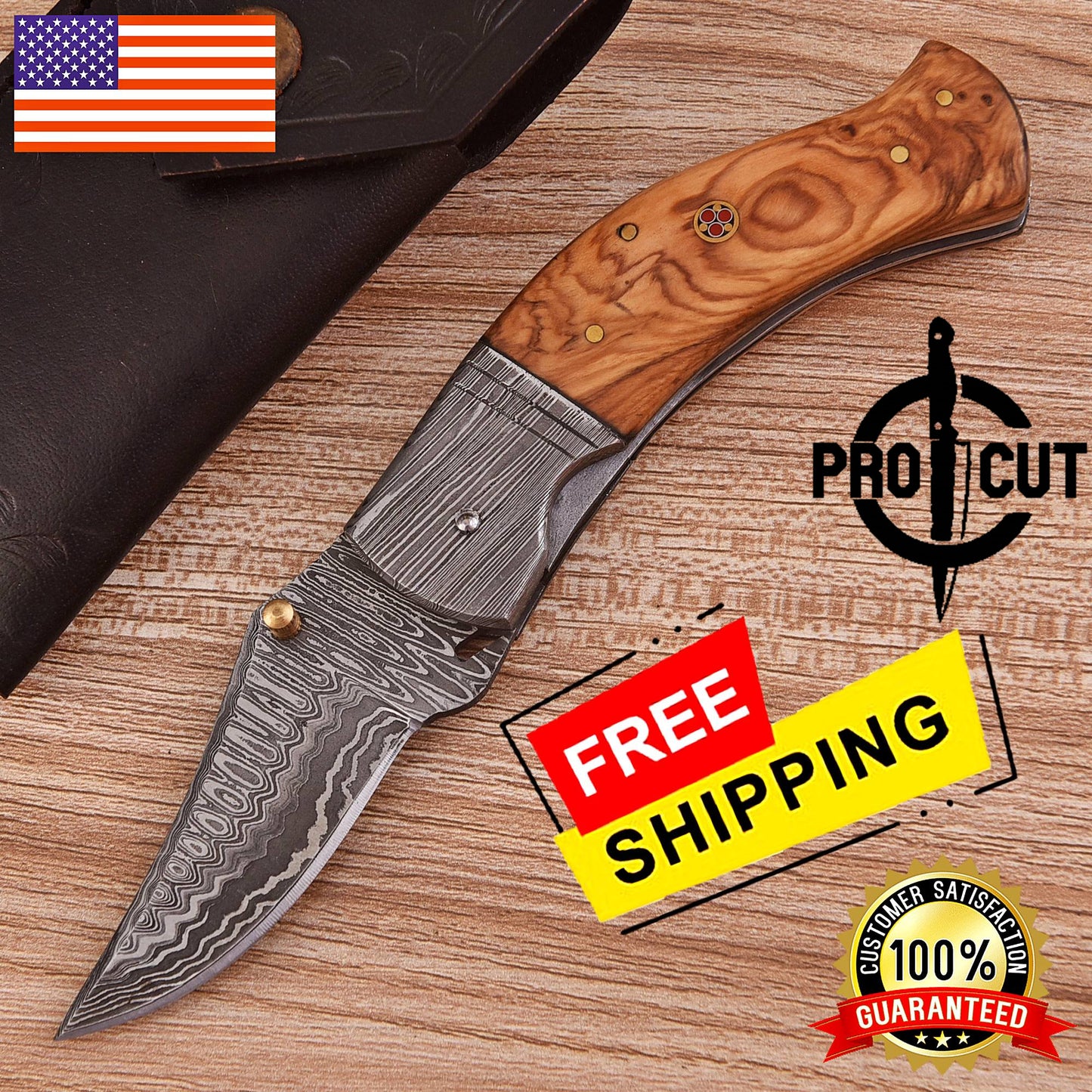 Pro Cut Handmade Damascus Steel Folding Pocket EDC Knife with Olive Burl handle
