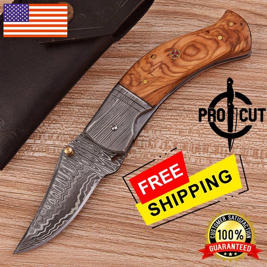 Pro Cut Handmade Damascus Steel Folding Pocket EDC Knife with Olive Burl handle