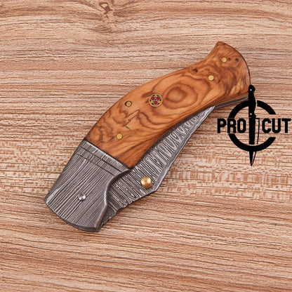 Pro Cut Handmade Damascus Steel Folding Pocket EDC Knife with Olive Burl handle