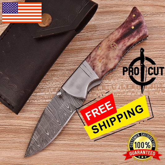Pro Cut Handmade Damascus steel Folding Pocket knife with Dyed Camel Bone Handle
