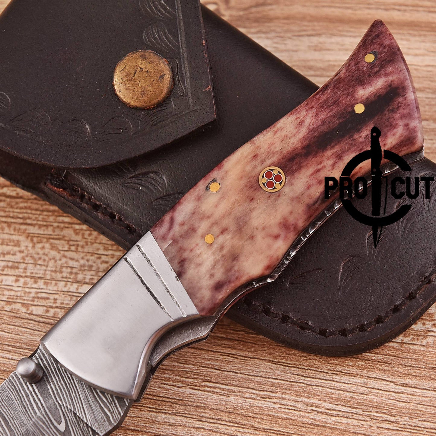 Pro Cut Handmade Damascus steel Folding Pocket knife with Dyed Camel Bone Handle