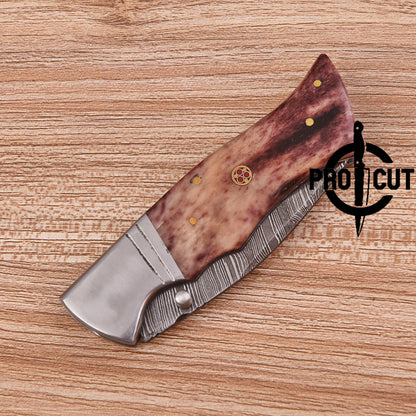 Pro Cut Handmade Damascus steel Folding Pocket knife with Dyed Camel Bone Handle
