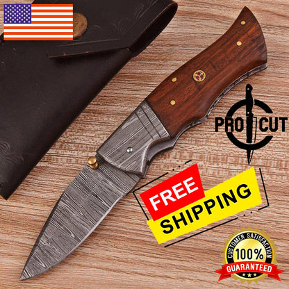 Pro Cut Handmade Damascus Steel Foldable Every Day Carry knife with Rosewood Handle