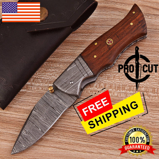 Pro Cut Handmade Damascus Steel Foldable Every Day Carry knife with Rosewood Handle
