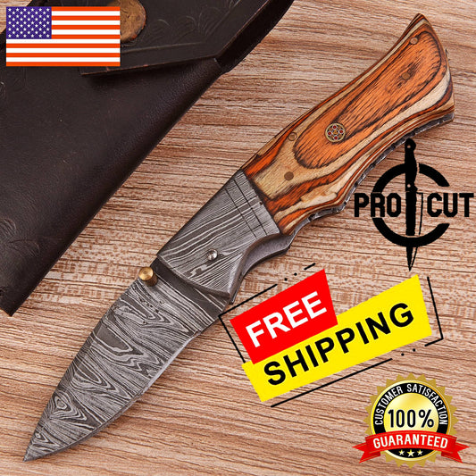 Pro Cut Damascus Steel Folding Knife Camping | Pro Cut Collectible EDC