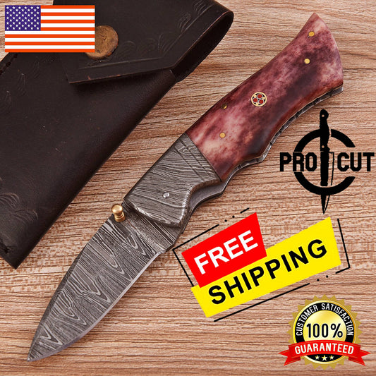 Lightweight Damascus Folding Knife | Pro Cut Everyday Carry with Camel Bone