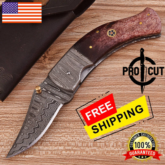 Pro Cut Drop Point Damascus Steel Folding Knife - Every Day Carry Pocket Knife