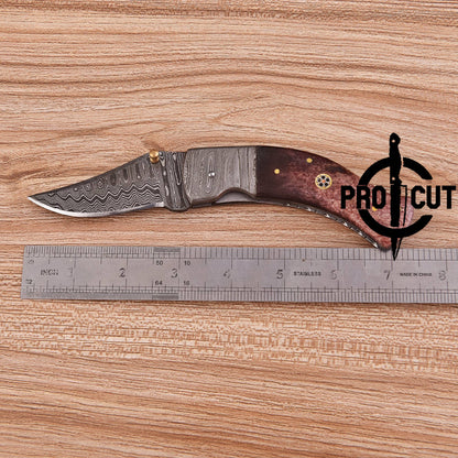 Pro Cut Drop Point Damascus Steel Folding Knife - Every Day Carry Pocket Knife