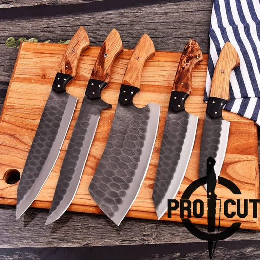 Pro Cut Ripple Guardian - Handmade Stainless Steel Chef Set with Olive Burl Handle