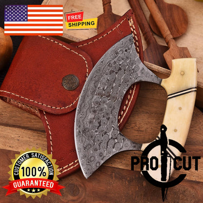Pro Cut Shadow Wave - Damascus Steel Ulu Knife with Bone Handle