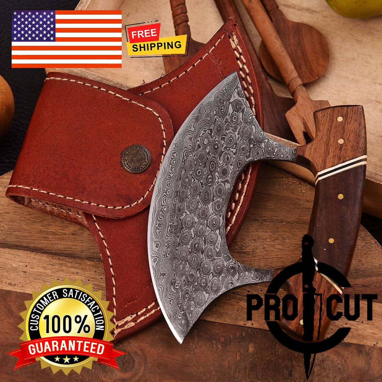Pro Cut Shadow Wave - Hand Forged Damascus Steel Full Tang Ulu Chef Knife with Sheath