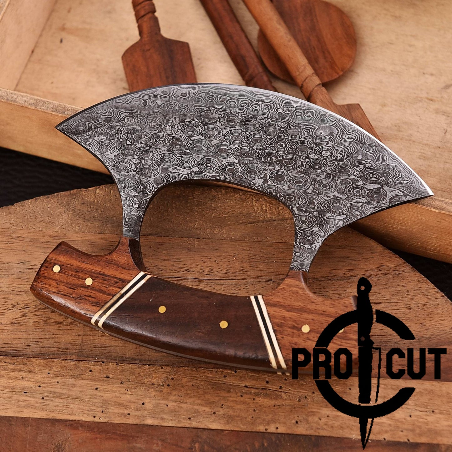 Pro Cut Shadow Wave - Hand Forged Damascus Steel Full Tang Ulu Chef Knife with Sheath