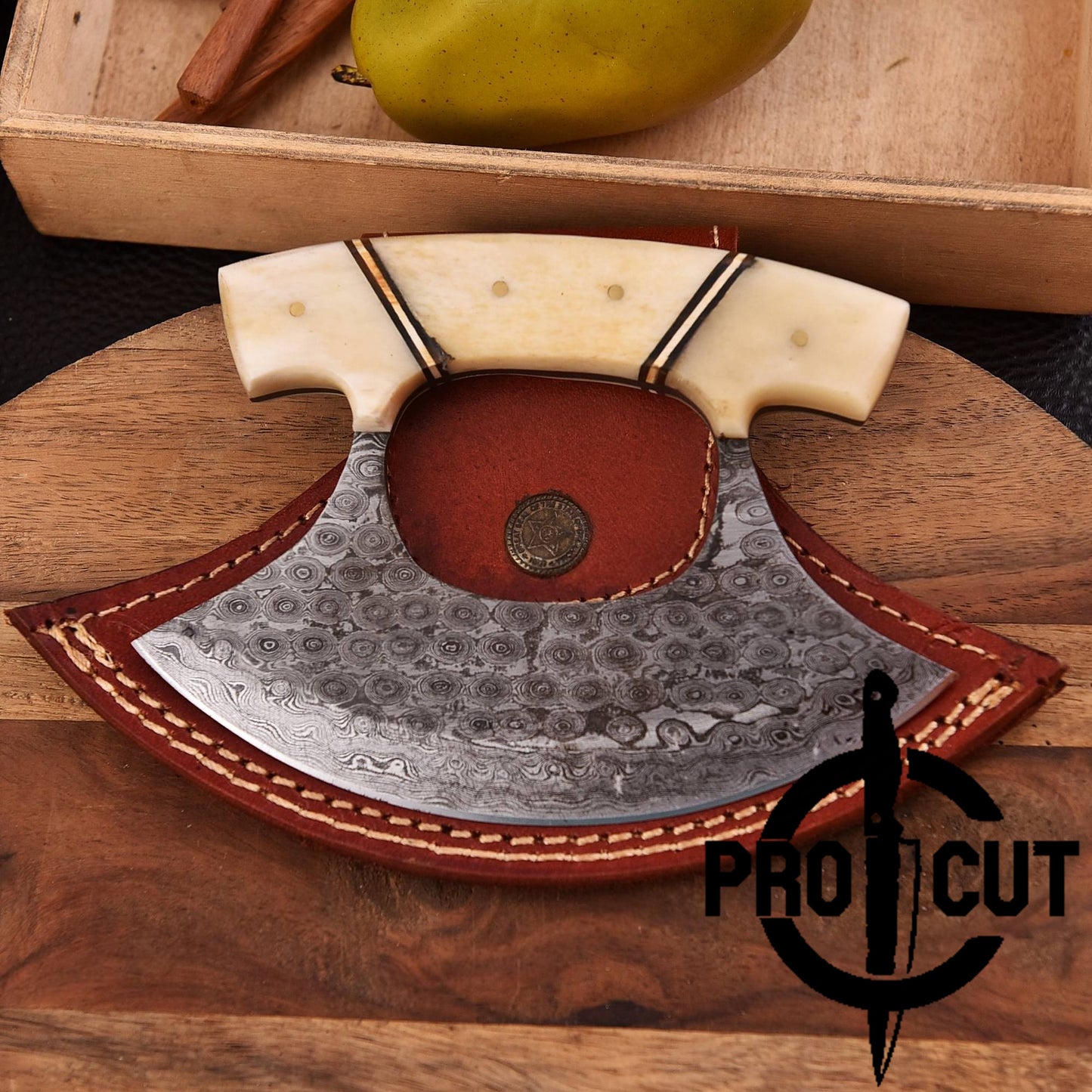 Pro Cut Shadow Wave - Damascus Steel Ulu Knife with Bone Handle