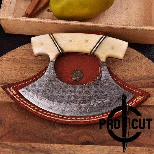 Pro Cut Shadow Wave - Damascus Steel Ulu Knife with Bone Handle
