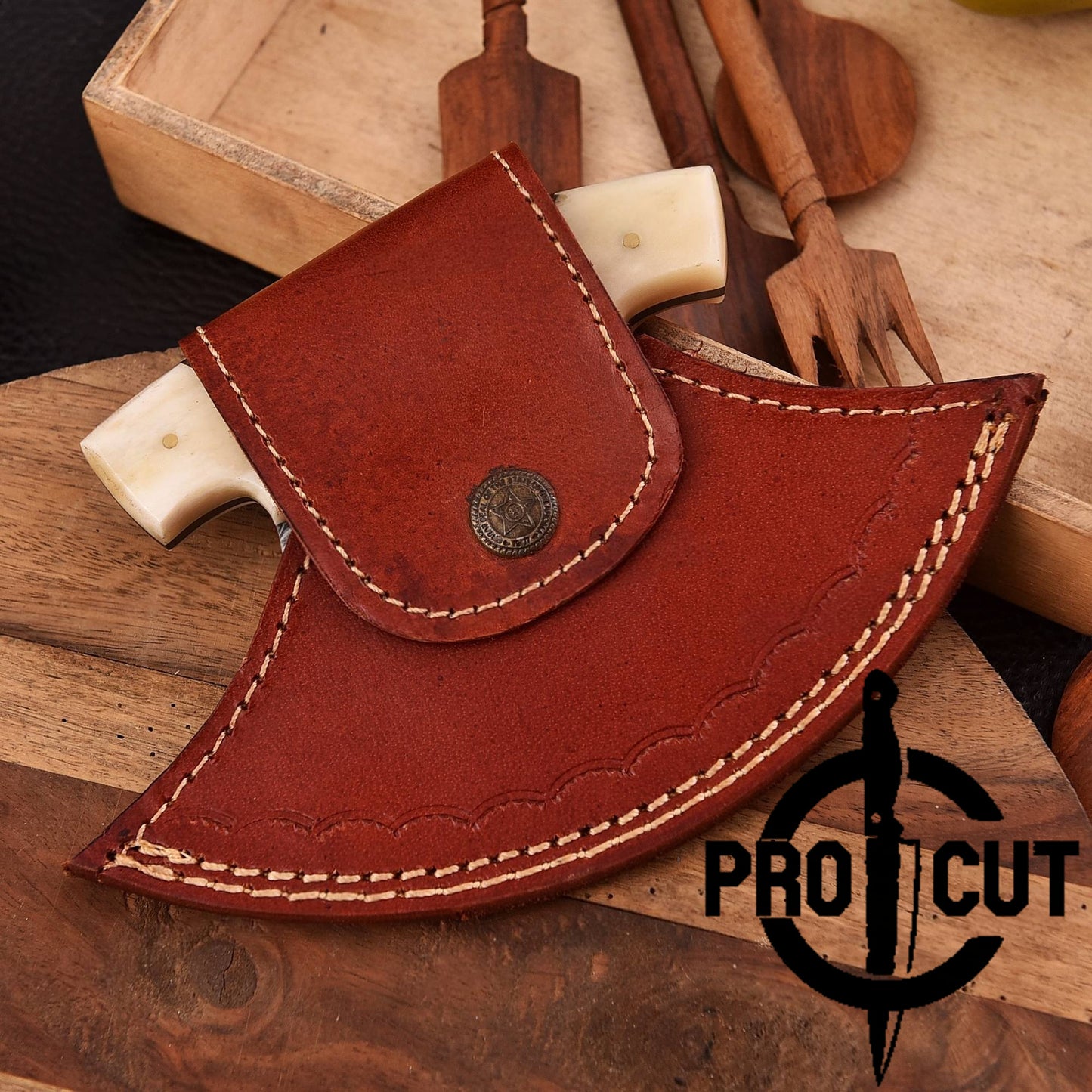 Pro Cut Shadow Wave - Damascus Steel Ulu Knife with Bone Handle