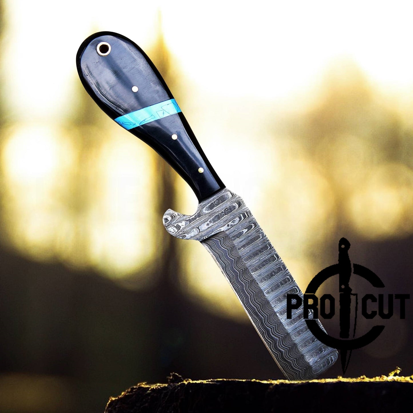 Pro Cut Handmade Damascus Steel Fixed Blade Cowboy Bull Cutter Knife with Pancake Sheath