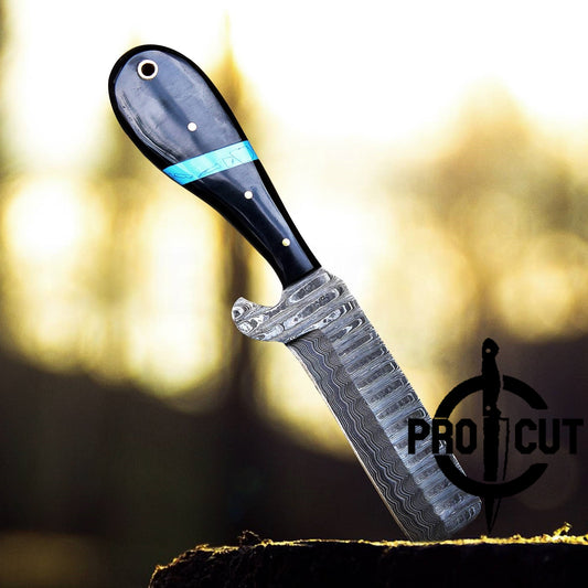 Pro Cut Handmade Damascus Steel Fixed Blade Cowboy Bull Cutter Knife with Pancake Sheath