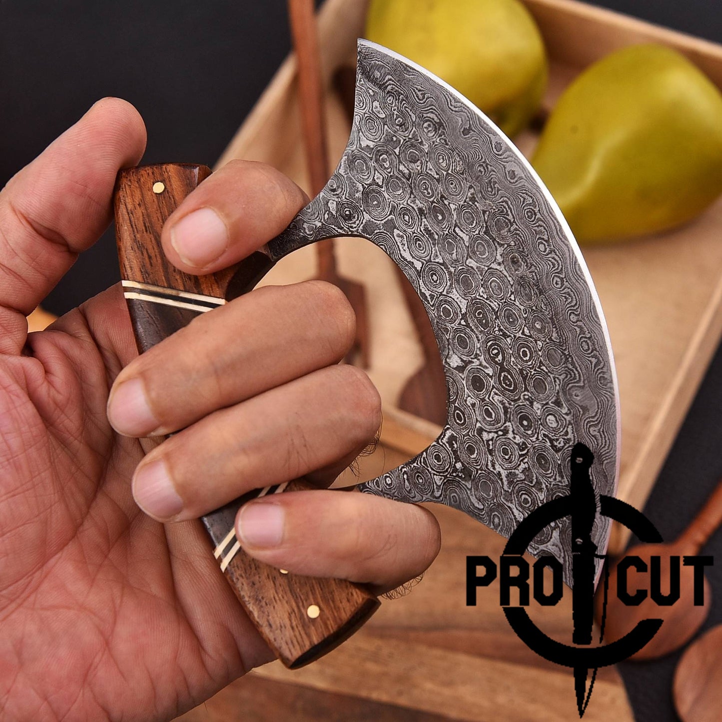 Pro Cut Shadow Wave - Hand Forged Damascus Steel Full Tang Ulu Chef Knife with Sheath
