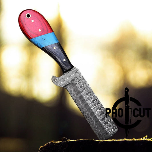 Pro Cut Damascus Steel Hand Forged Fixed Blade Cowboy Bull Cutter Knife With Horizontal Carry Sheath