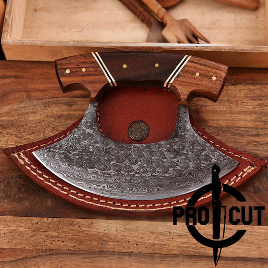 Pro Cut Shadow Wave - Hand Forged Damascus Steel Full Tang Ulu Chef Knife with Sheath