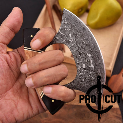 Pro Cut Shadow Wave - Handmade Damascus Steel Full tang Ulu Knife