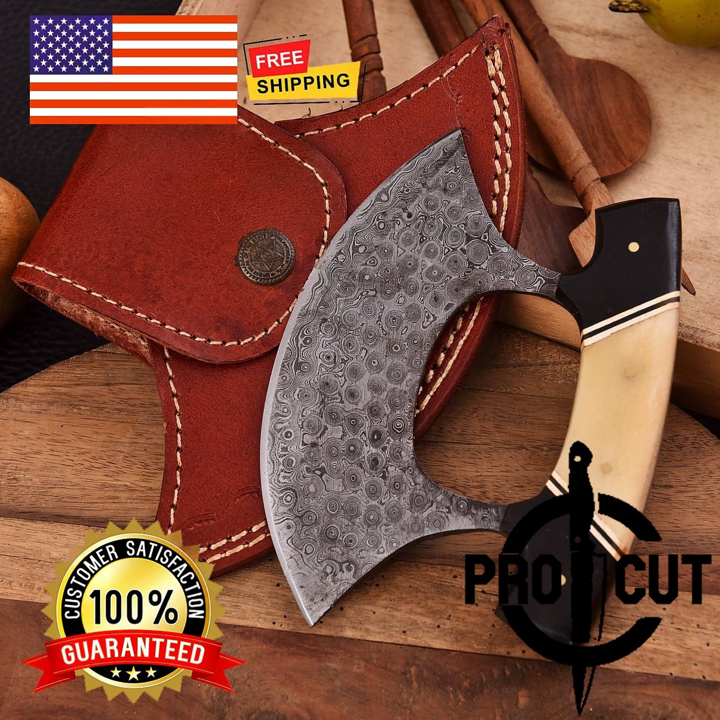 Pro Cut Shadow Wave - Damascus Steel Full Tang Alaskan Ulu Knife with Sheath