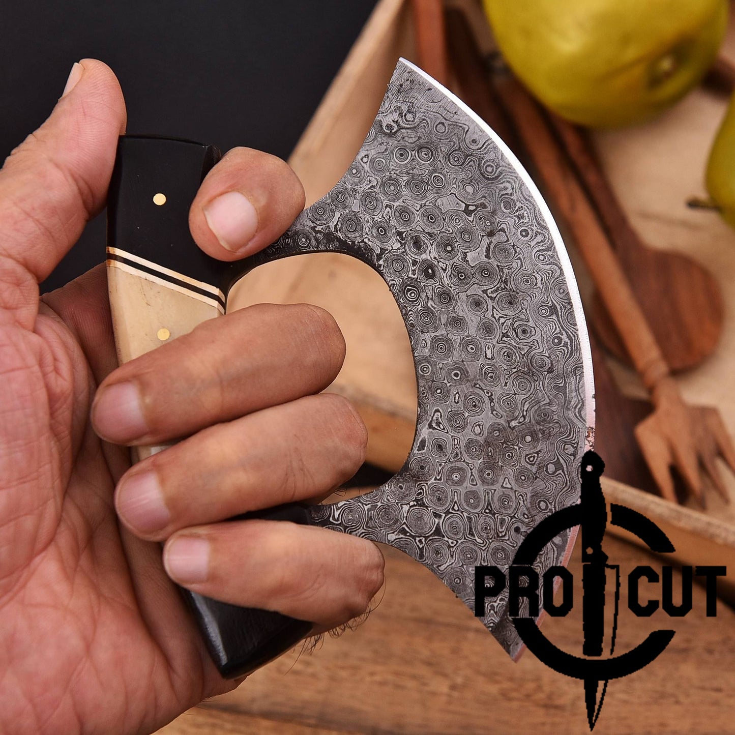 Pro Cut Shadow Wave - Damascus Steel Full Tang Alaskan Ulu Knife with Sheath