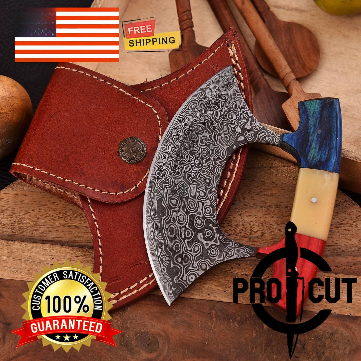 Pro Cut Shadow Wave - Damascus Steel Full Tang Handmade Ulu Chef Knife with Sheath