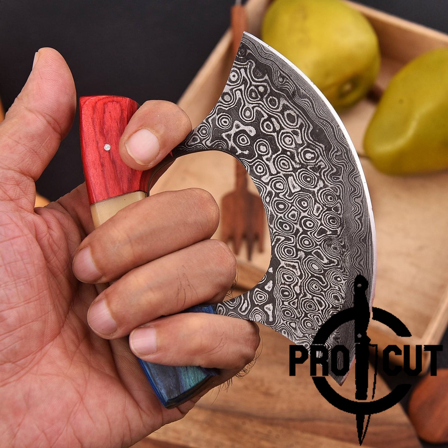 Pro Cut Shadow Wave - Damascus Steel Full Tang Handmade Ulu Chef Knife with Sheath