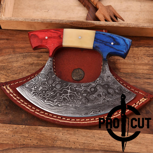 Pro Cut Shadow Wave - Damascus Steel Full Tang Handmade Ulu Chef Knife with Sheath