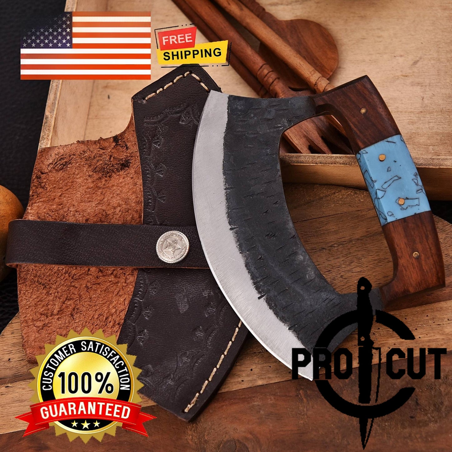 Pro Cut Shadow Wave - Hand Forged D2 Steel Ulu Knife with Rosewood & Turquoise Resin Handle