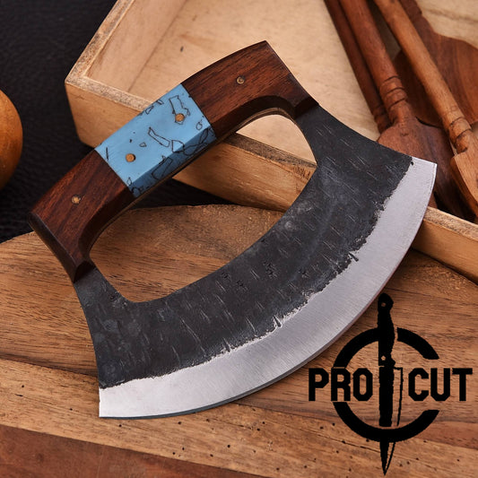 Pro Cut Shadow Wave - Hand Forged D2 Steel Ulu Knife with Rosewood & Turquoise Resin Handle