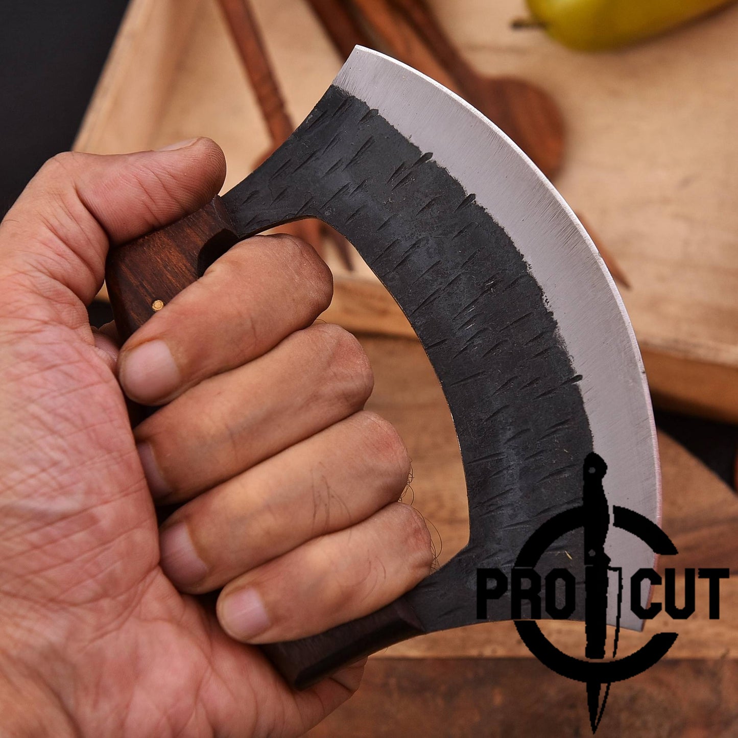 Pro Cut Shadow Wave - Hand Forged D2 Steel Ulu Knife with Rosewood & Turquoise Resin Handle